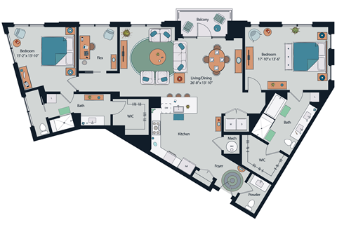 Floor plan for 2 beds, 2.5 baths, 1926 sqft